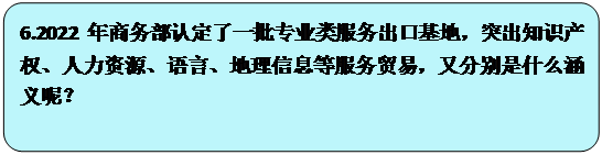 流程图: 可选过程: 6.2022年商务部认定了一批专业类服务出口基地，突出知识产权、人力资源、语言、地理信息等服务贸易，又分别是什么涵义呢？